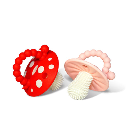 Chompy Mushroom Silicone Teether 2PK - Red & Pink